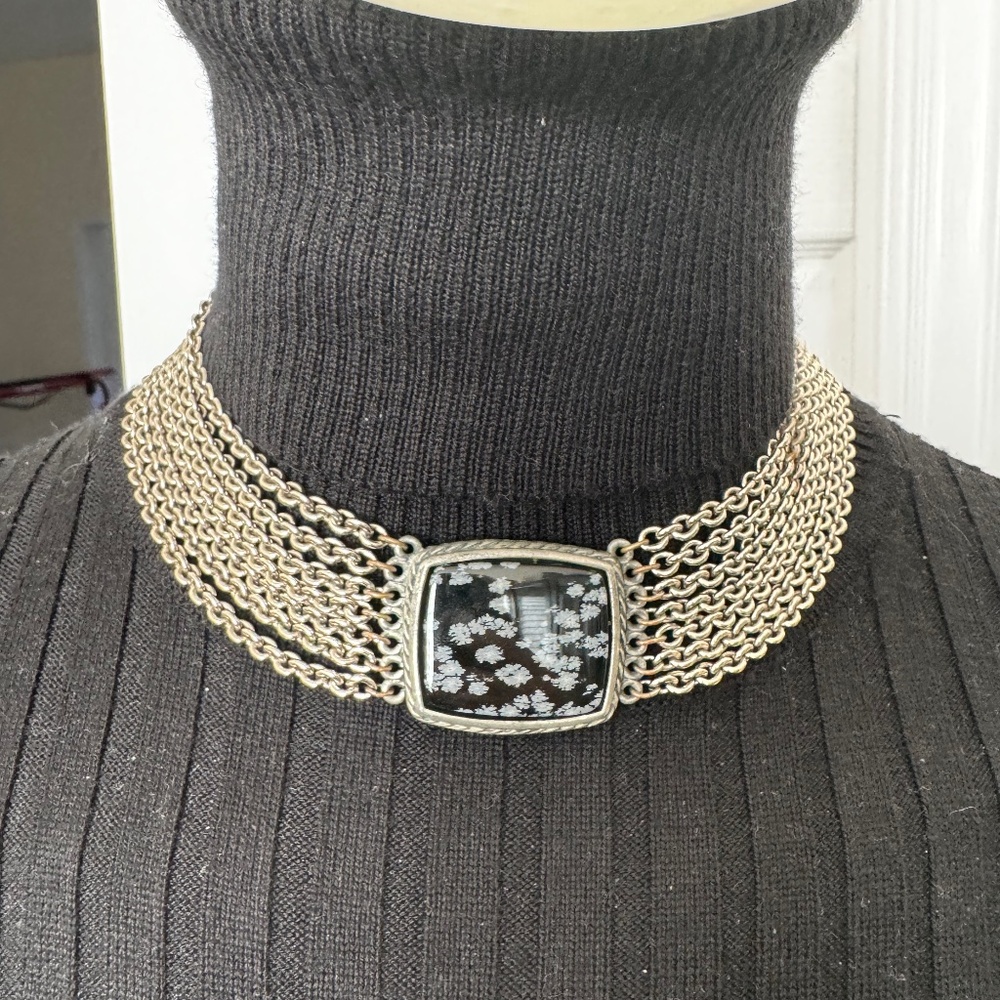 Vintage BEN AMUN Necklace Silver Tone Chain Obsidian Stone Pendant Chunky